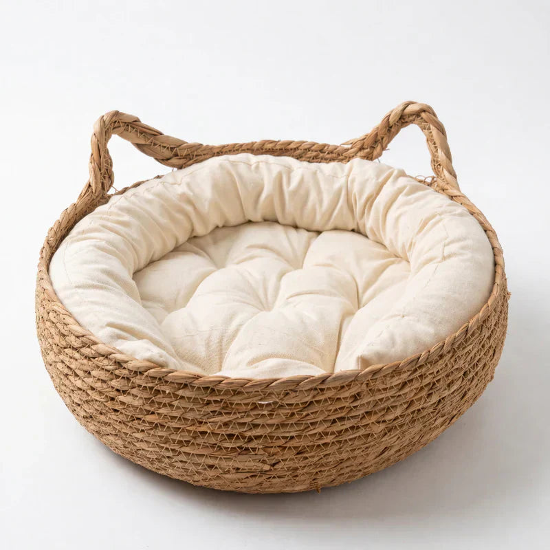 Panier en osier pour chien avec coussin confortable dans un intérieur chaleureux