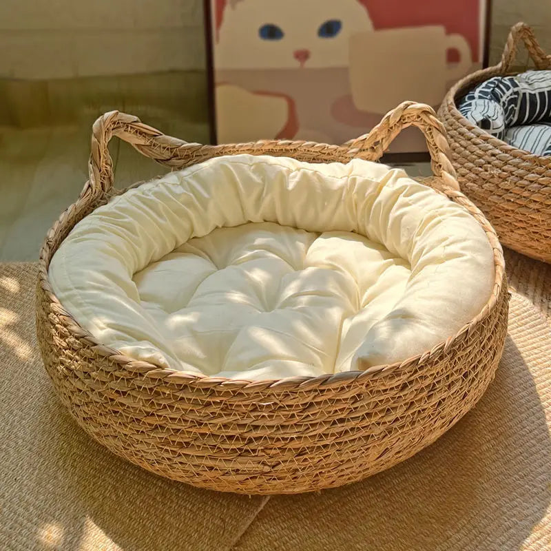 Panier Rond Rotin Chien Chat avec Coussin – Lit Confortable et Respirant