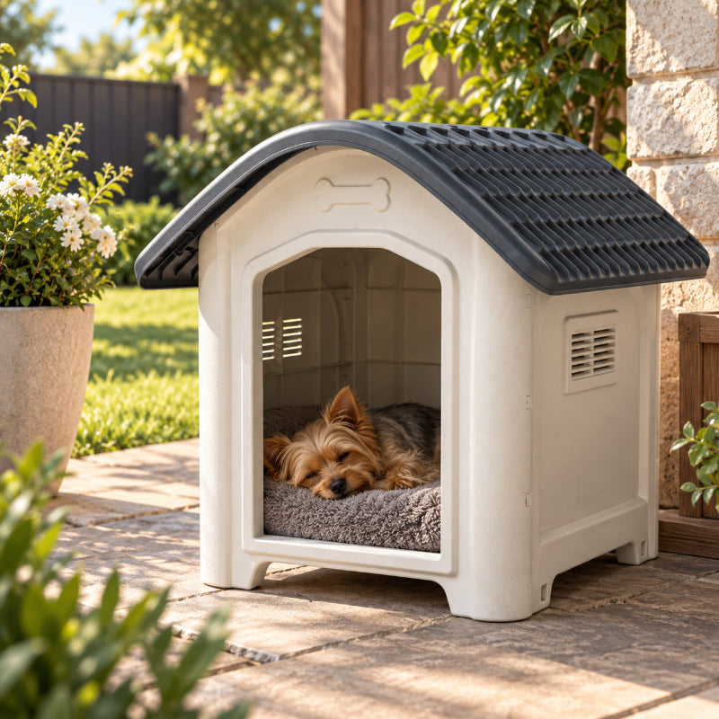 chien coucher dans niche chien exterieur