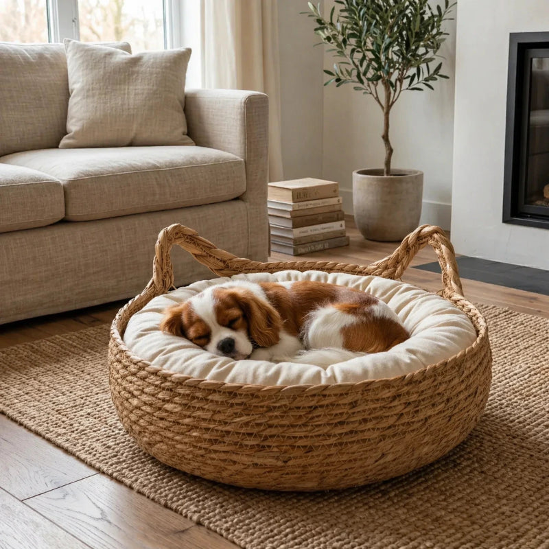 Panier Rond Rotin Chien Chat avec Coussin – Lit Confortable et Respirant