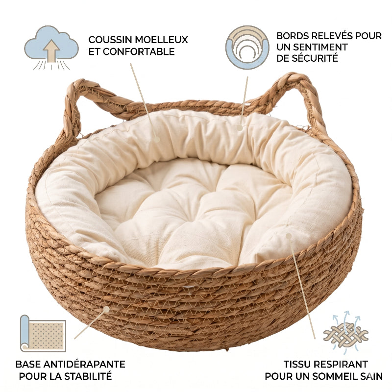 Panier Rond Rotin Chien Chat avec Coussin – Lit Confortable et Respirant