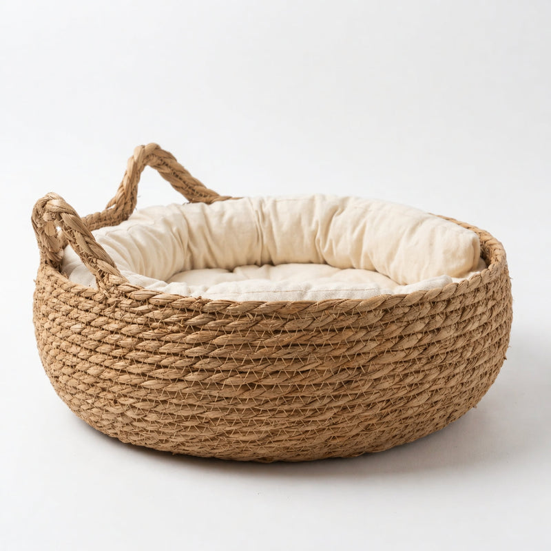Panier Rond Rotin Chien Chat avec Coussin – Lit Confortable et Respirant