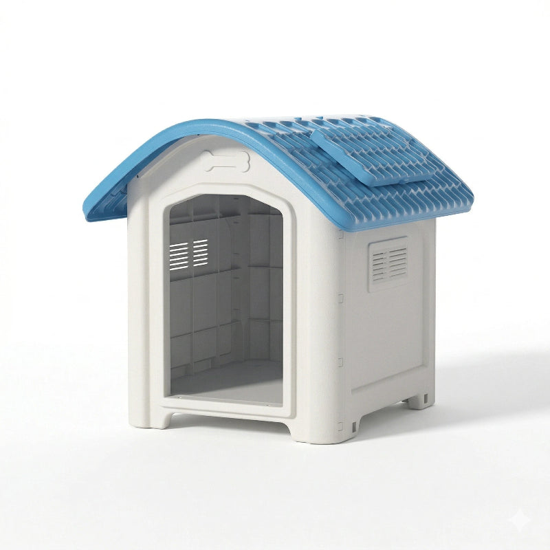 panier chien plastique bleu toit
